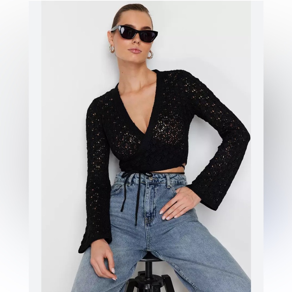 Black Whimsygoth Open Knit Crochet Cropped Wrap Bell Sleeve Cardigan SM Festival